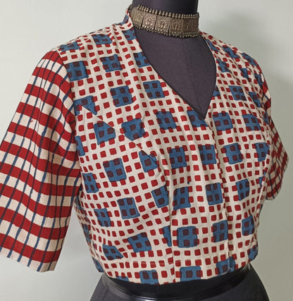 beige maroon checks ajrakh print blouse