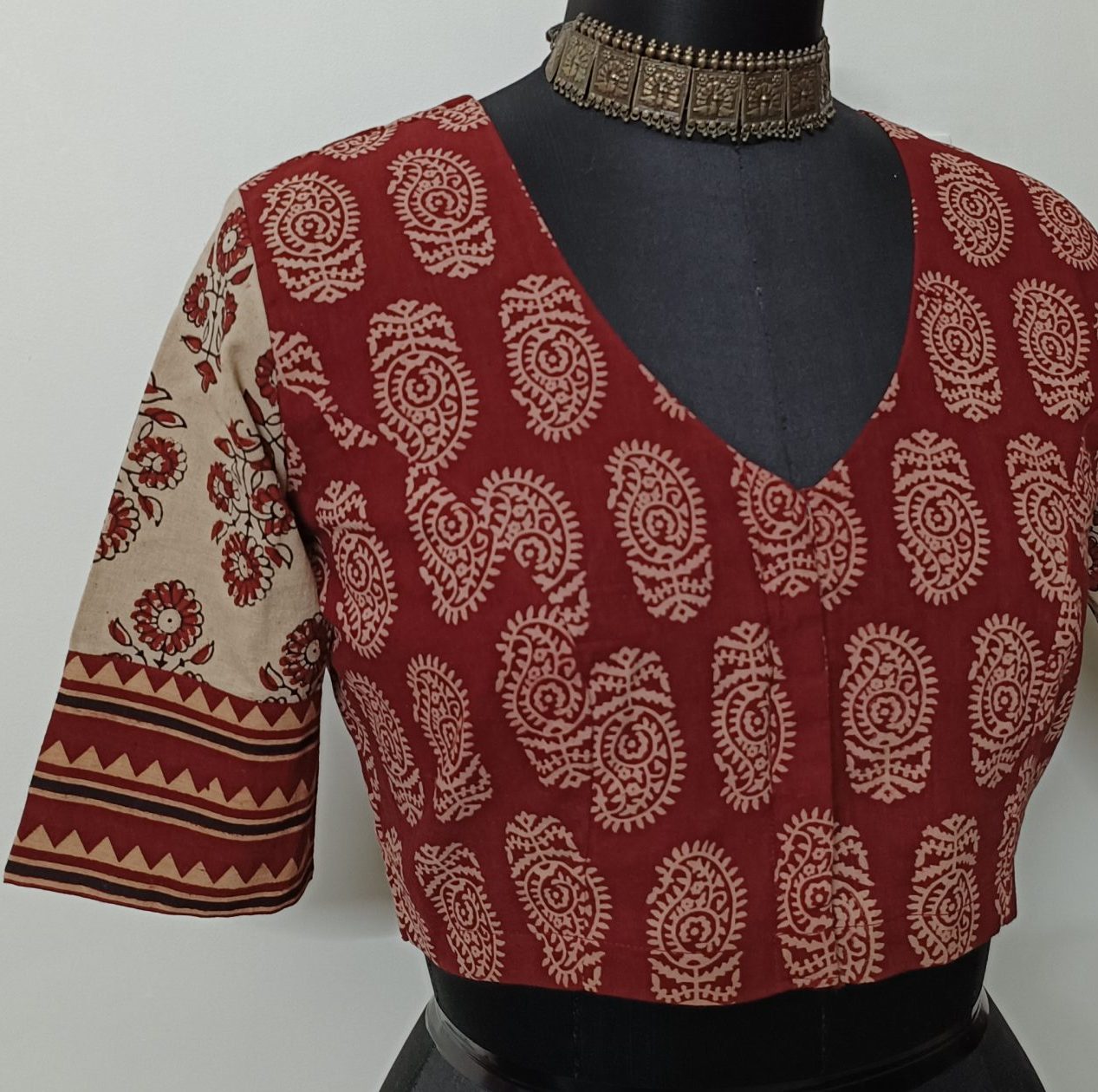 madder colour gamathi blouse with beige sleeves