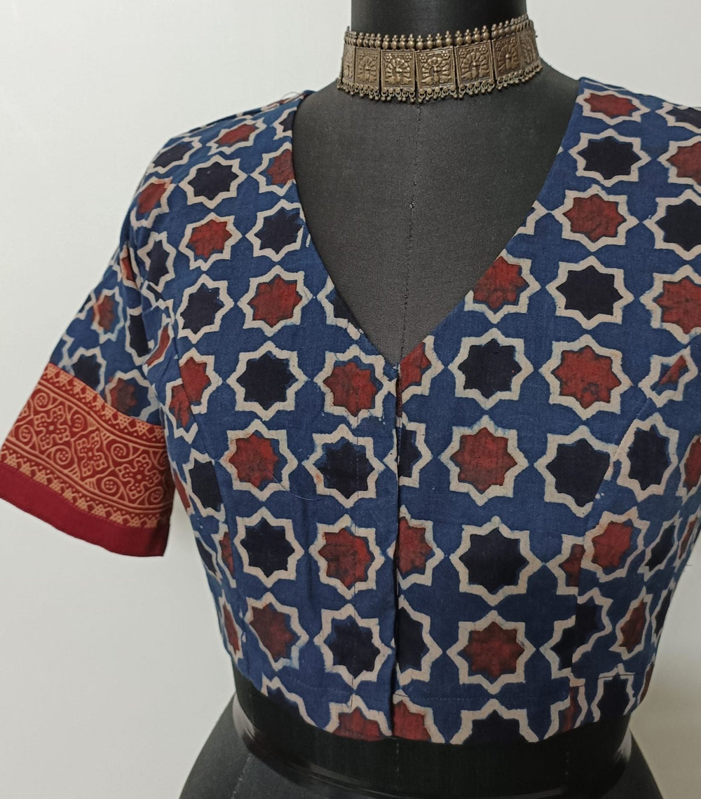Indigo Maroon Mughal Print Ajrakh Readymade Blouse | Godhuli