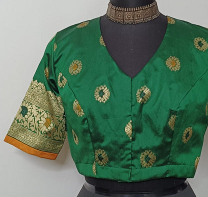 Green semi silk blouse with brocade border