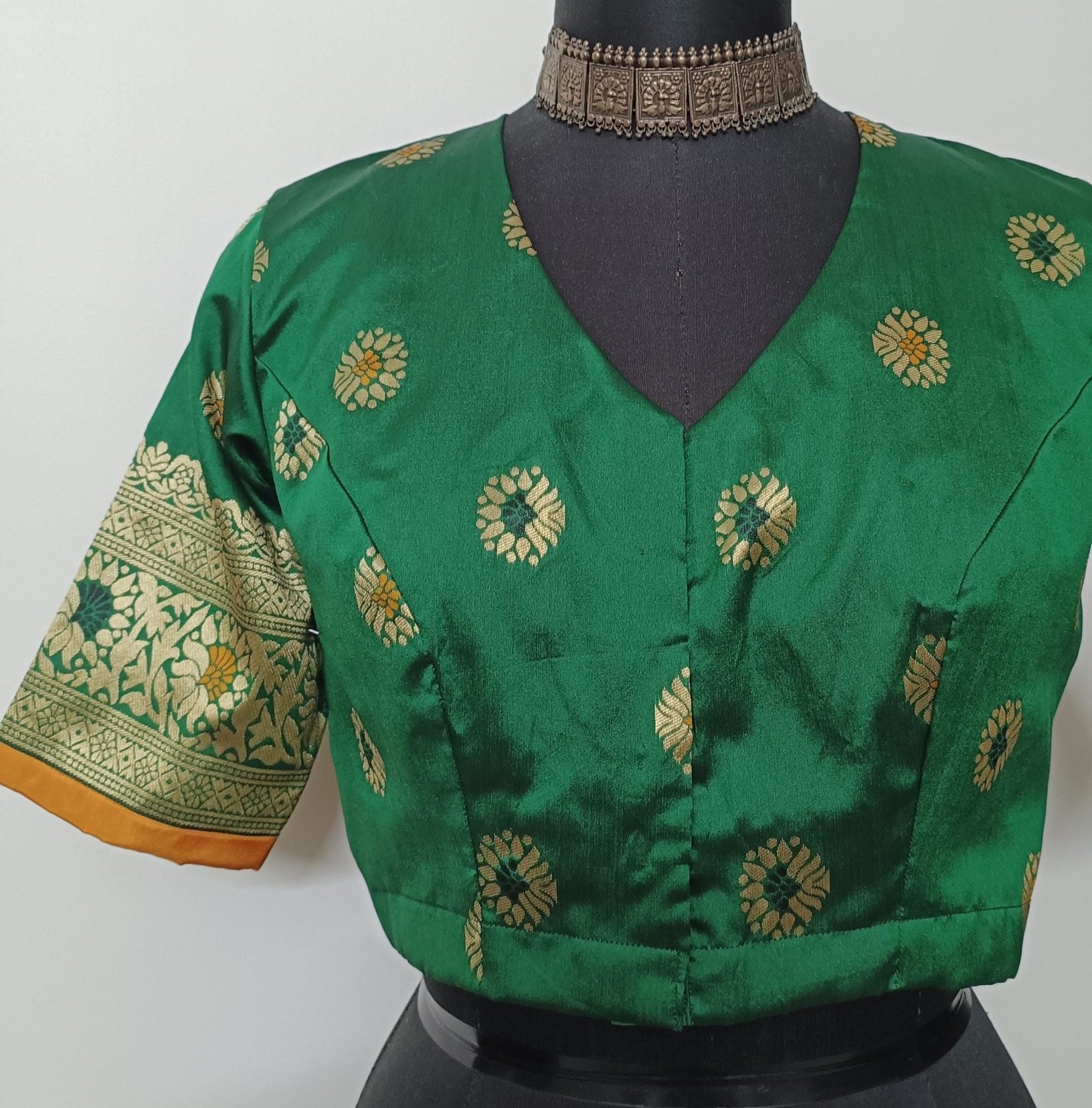 Green semi silk blouse with brocade border