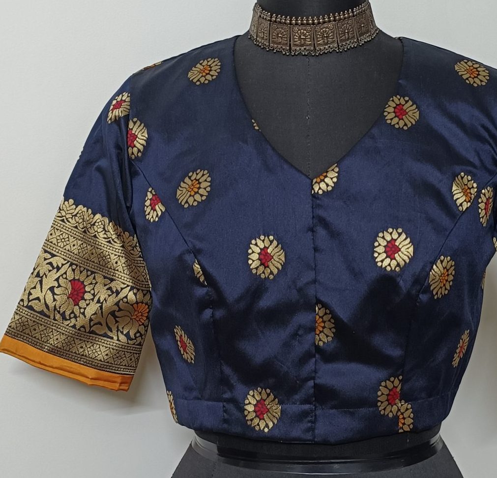 navy blue semi silk blouse with brocade border