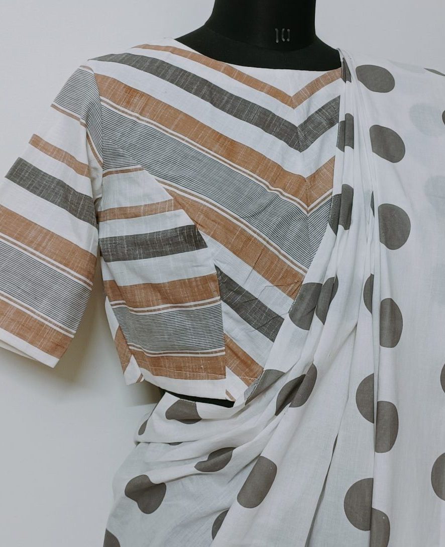 Big Polka Dot Off-White Saree-Stripes Blouse Combo