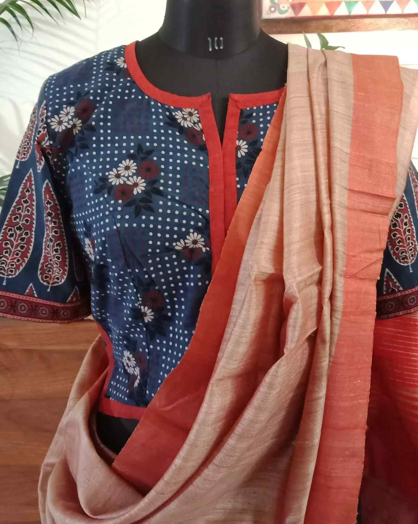 Indigo Ajrakh Kurti Blouse with Floral and Mughal Motifs