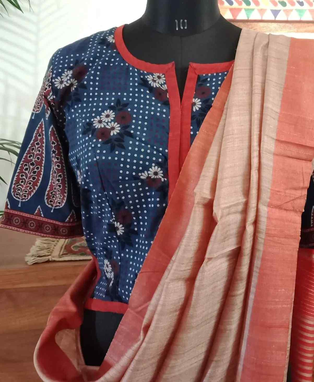 Indigo Ajrakh Kurti Blouse with Floral and Mughal Motifs