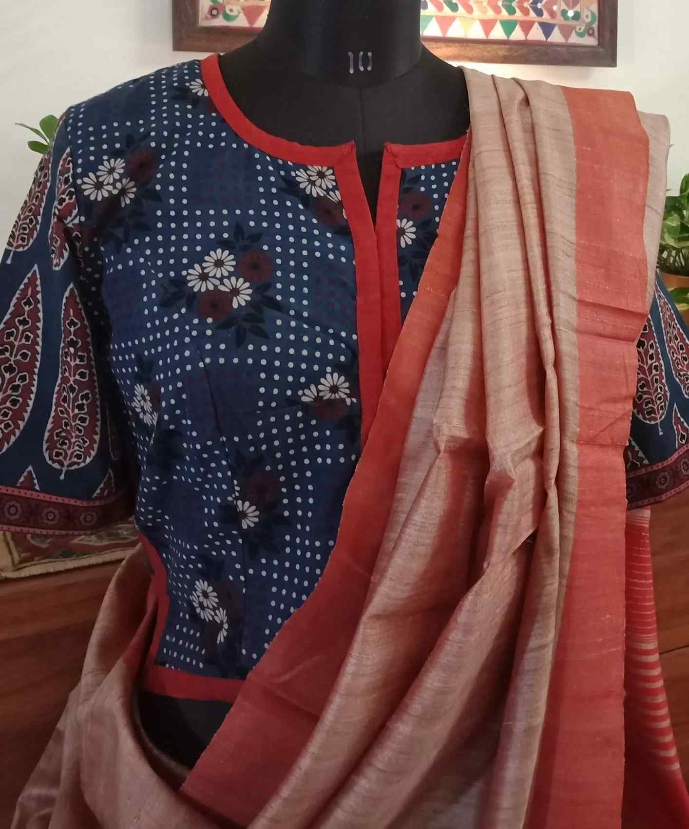 Indigo Ajrakh Kurti Blouse with Floral and Mughal Motifs