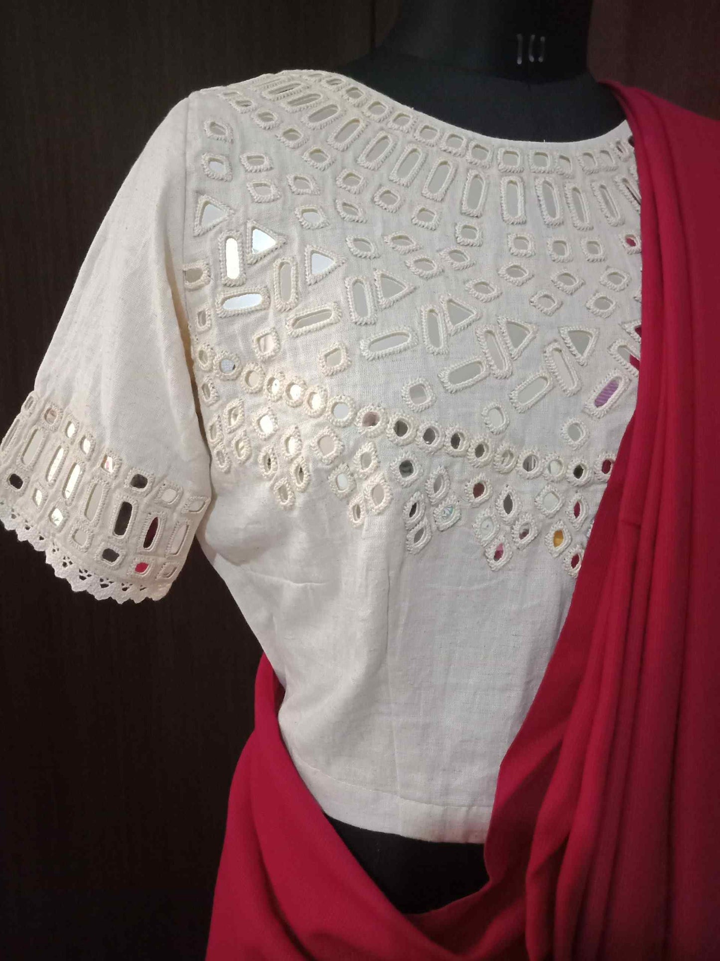 Ivory Blouse with Hand Embroidered Mirror Work