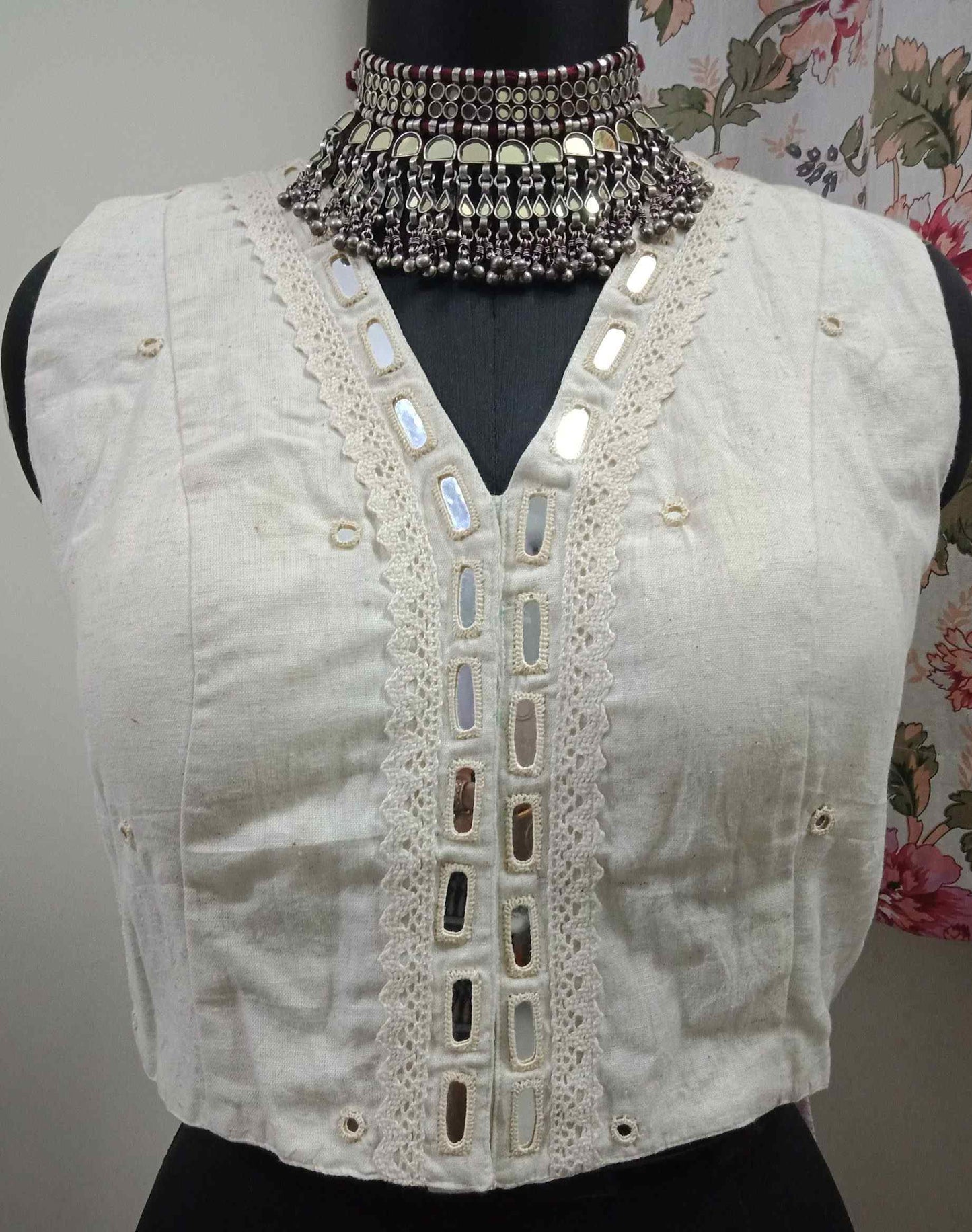 Ivory Blouse with Mirror Work-Lace