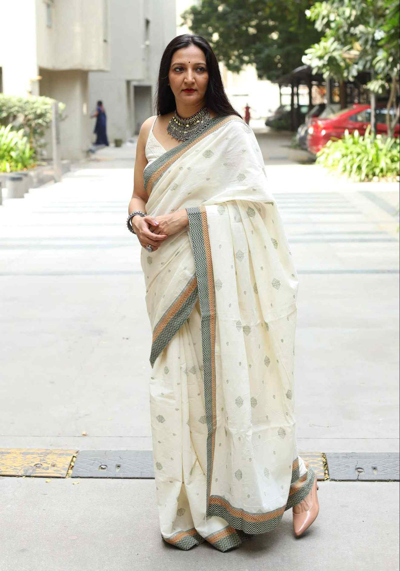 Buy Ivory Embroidered Saree with Patchwork | Godhuli