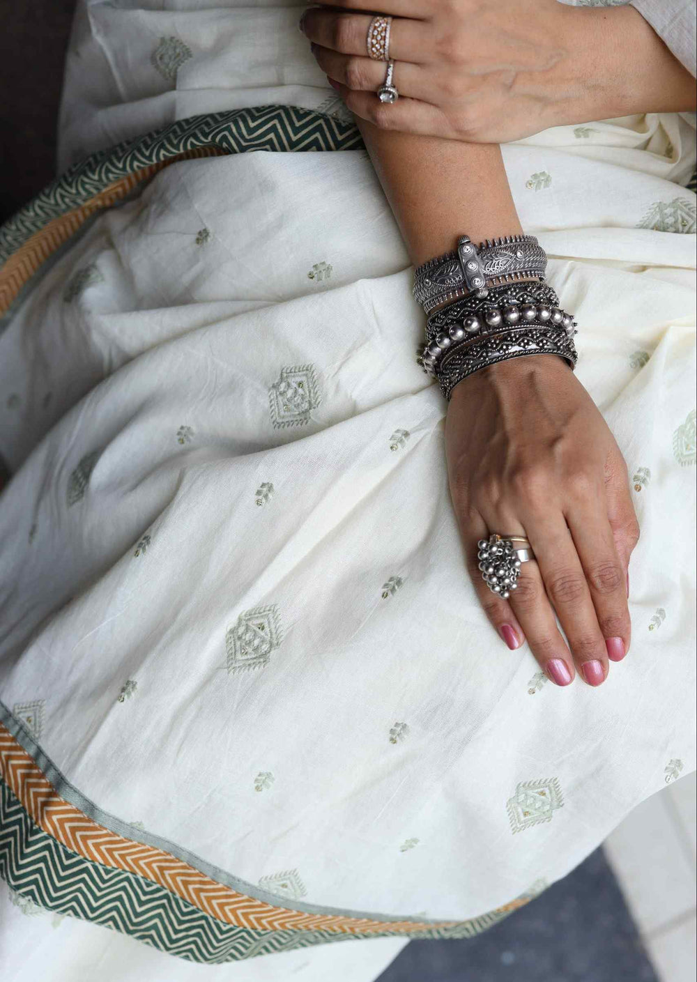 Buy Ivory Embroidered Saree with Patchwork | Godhuli