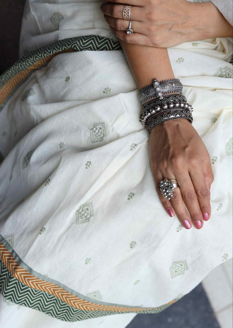 Buy Ivory Embroidered Saree with Patchwork | Godhuli