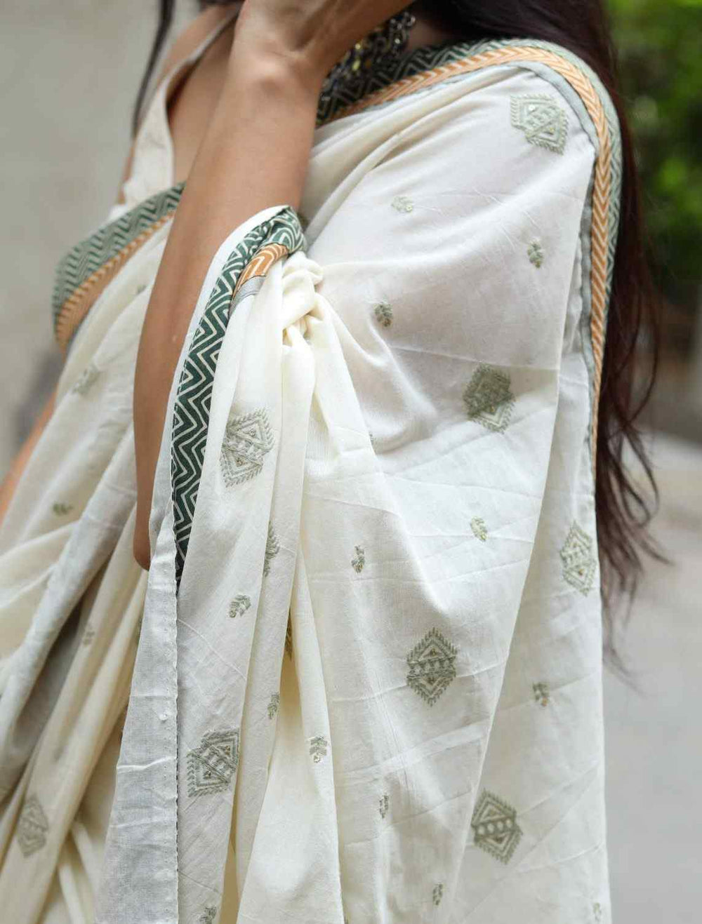 Buy Ivory Embroidered Saree with Patchwork | Godhuli