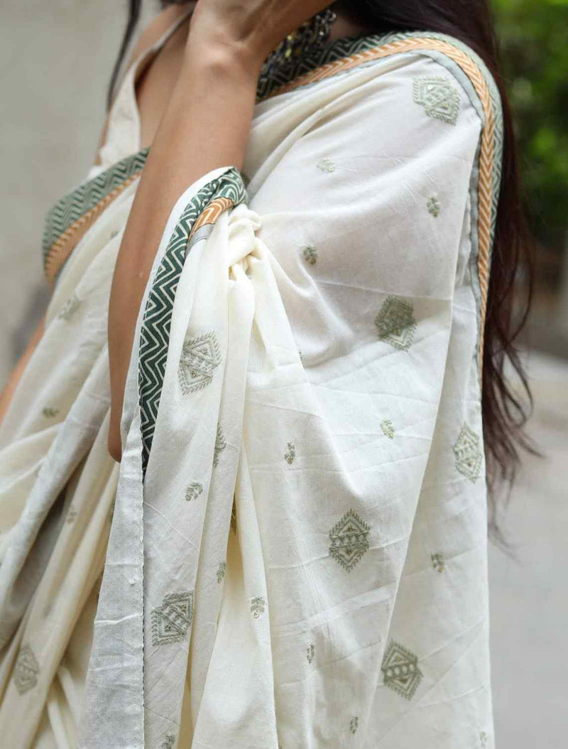 Buy Ivory Embroidered Saree with Patchwork | Godhuli