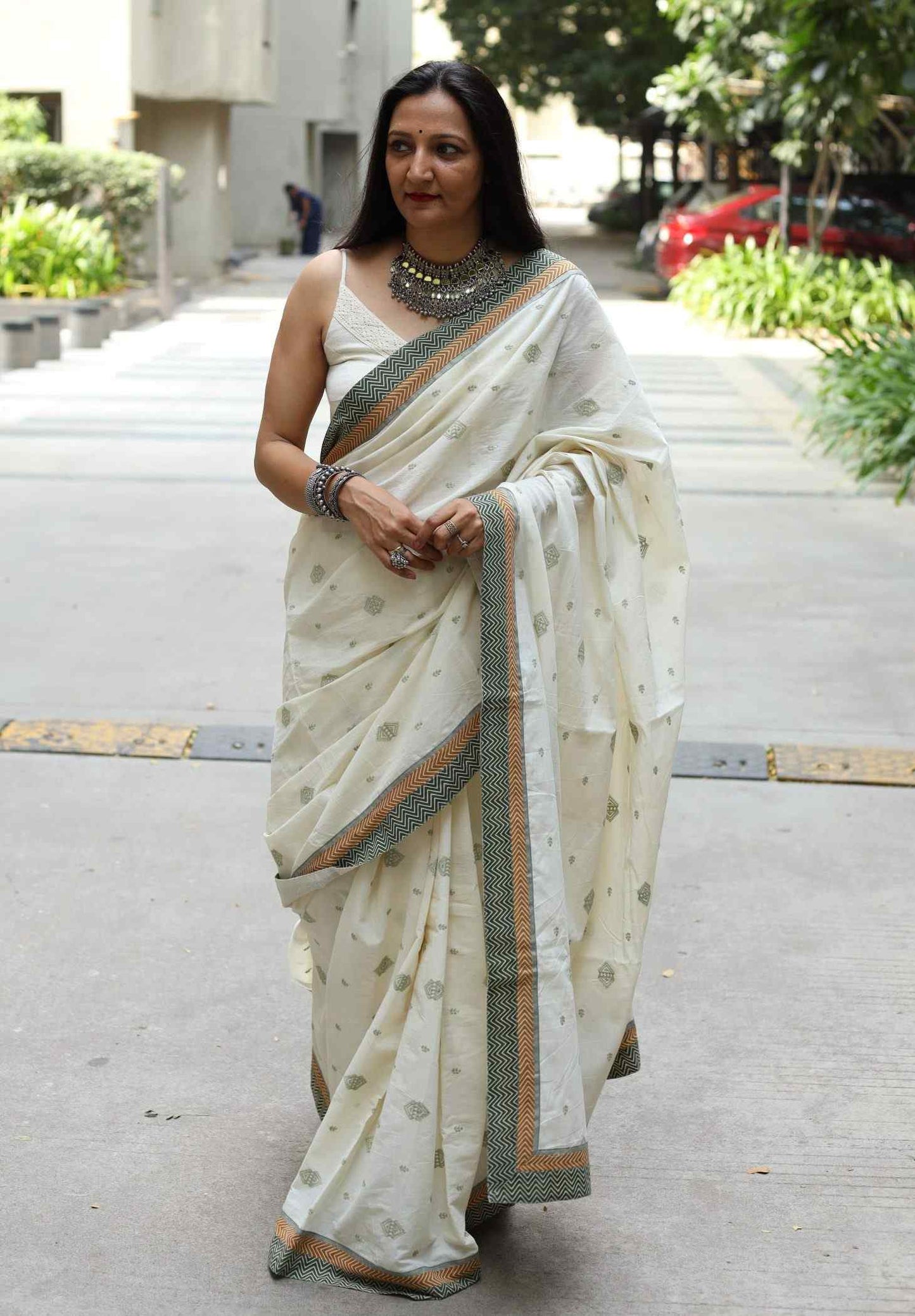 Ivory Embroidered Saree with Patchwork