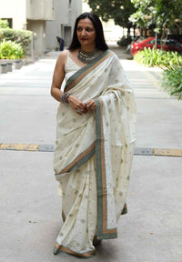 Buy Ivory Embroidered Saree with Patchwork | Godhuli