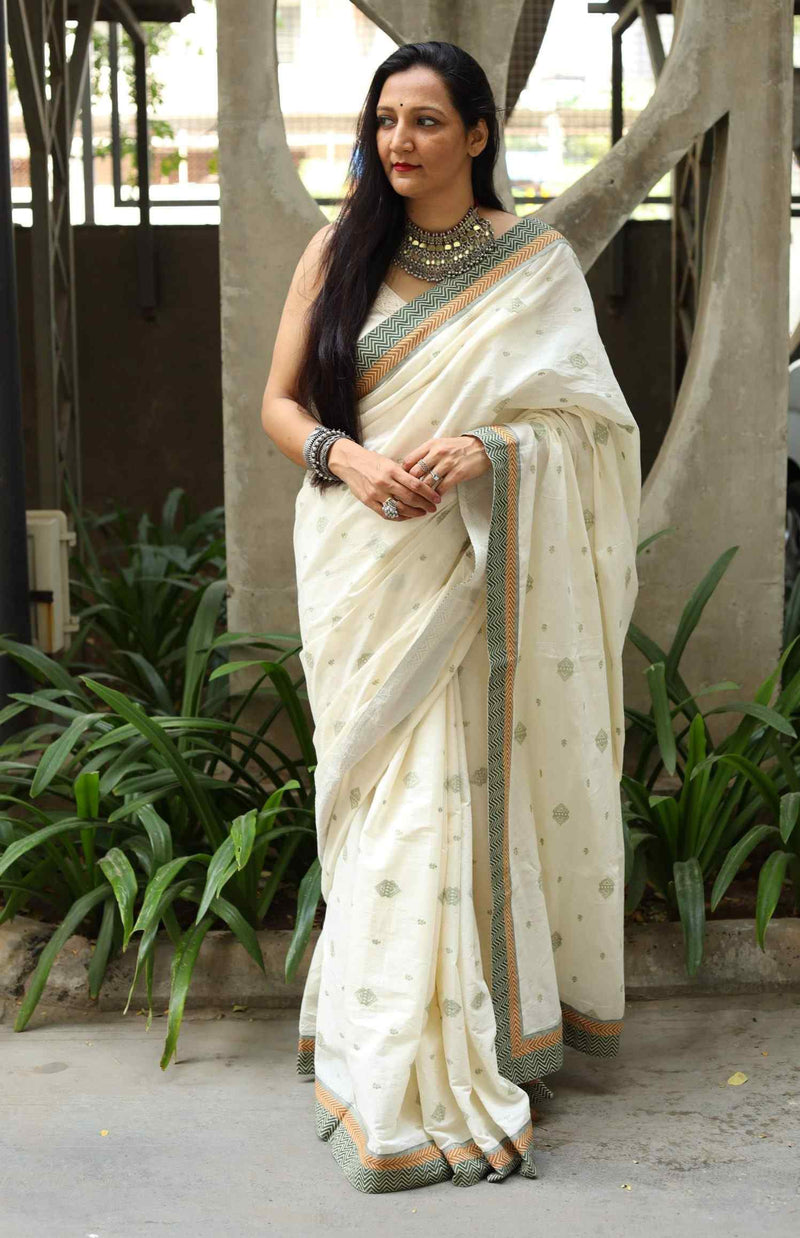 Buy Ivory Embroidered Saree with Patchwork | Godhuli