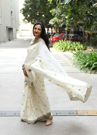 Buy Ivory Embroidered Saree with Patchwork | Godhuli