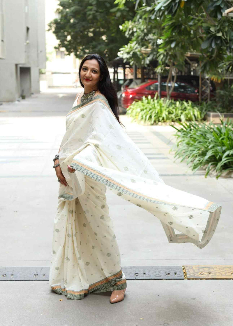 Buy Ivory Embroidered Saree with Patchwork | Godhuli