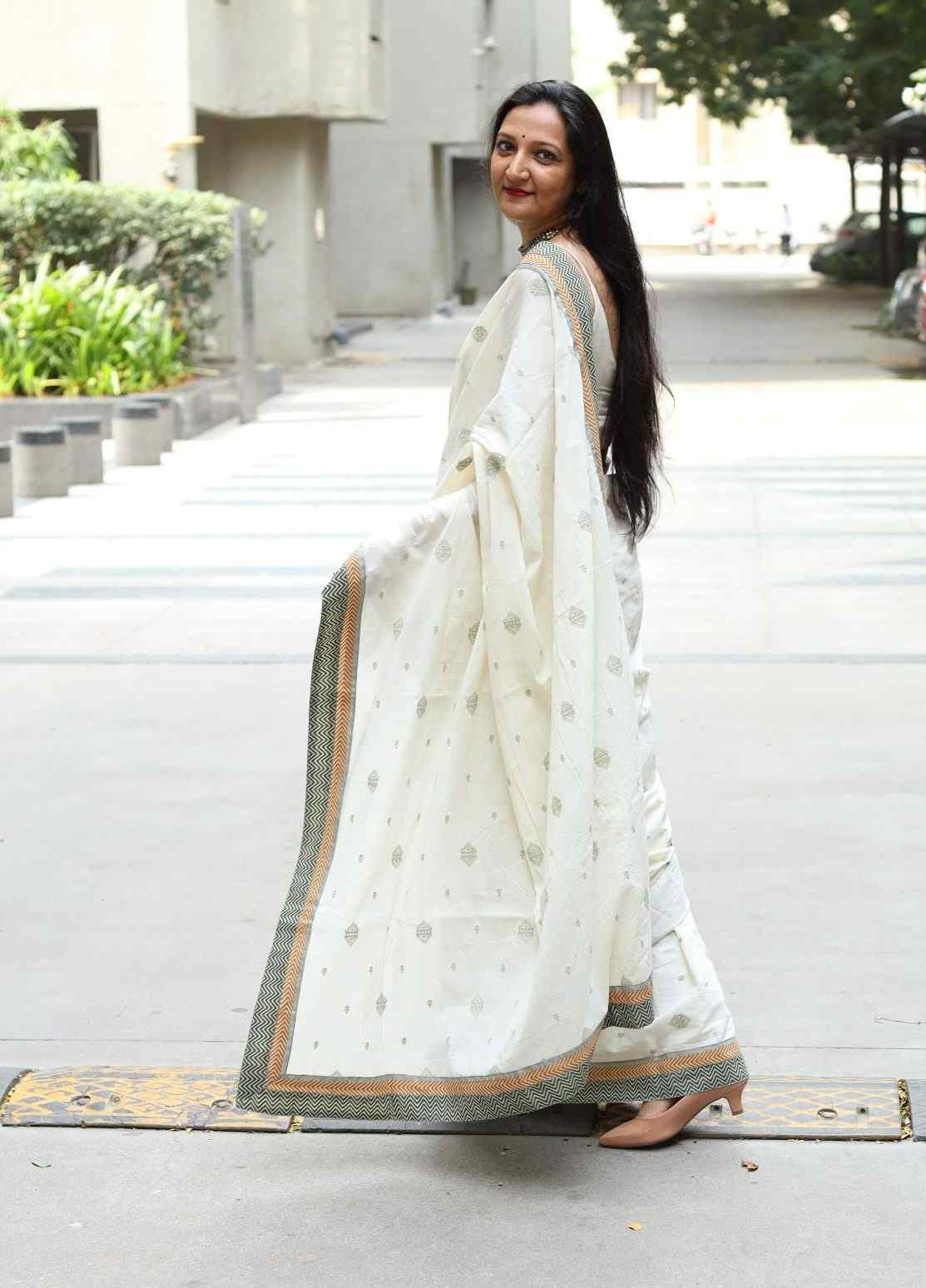 Ivory Embroidered Saree with Patchwork