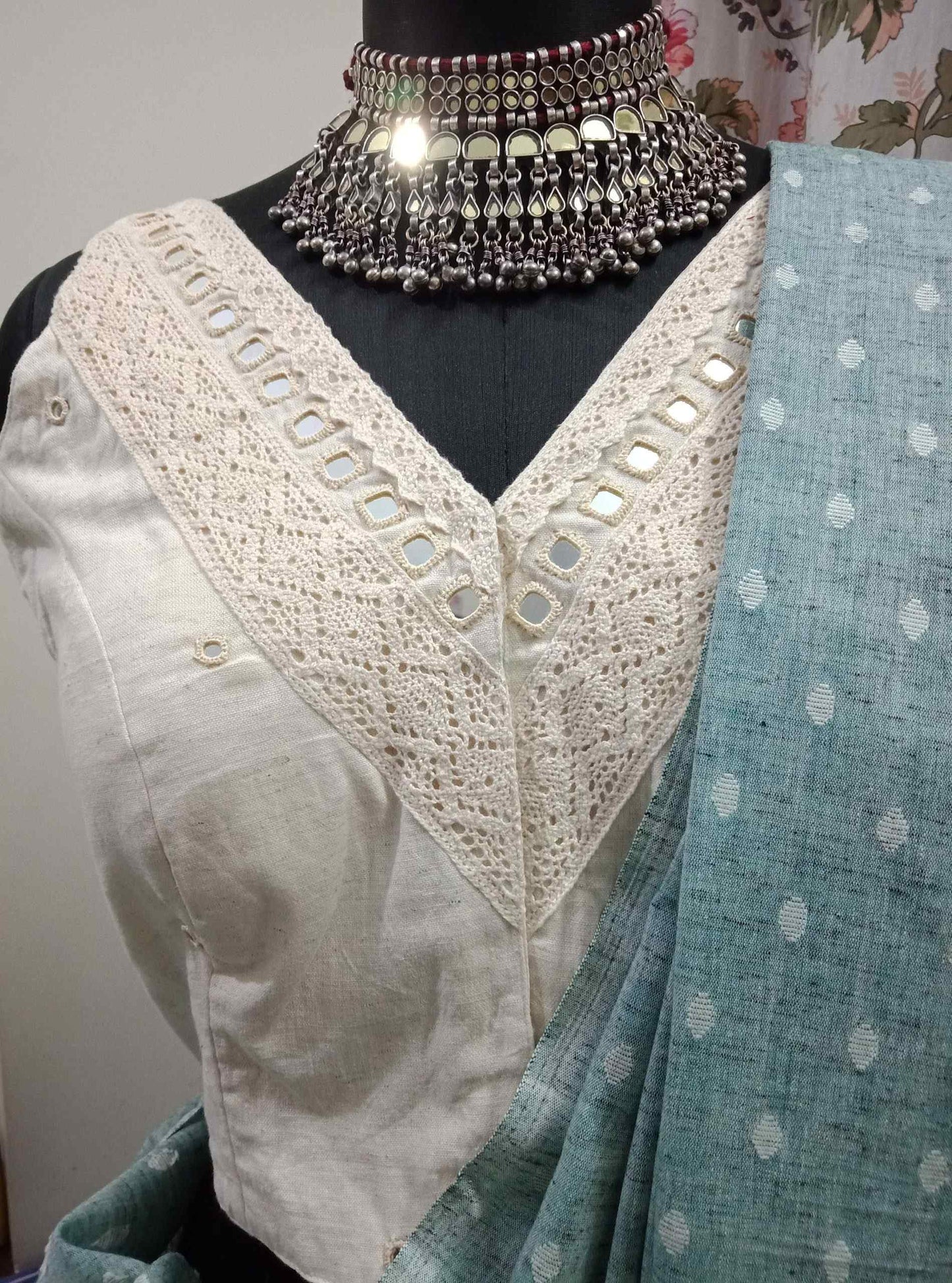 Ivory V-Neck Blouse with Mirror Work