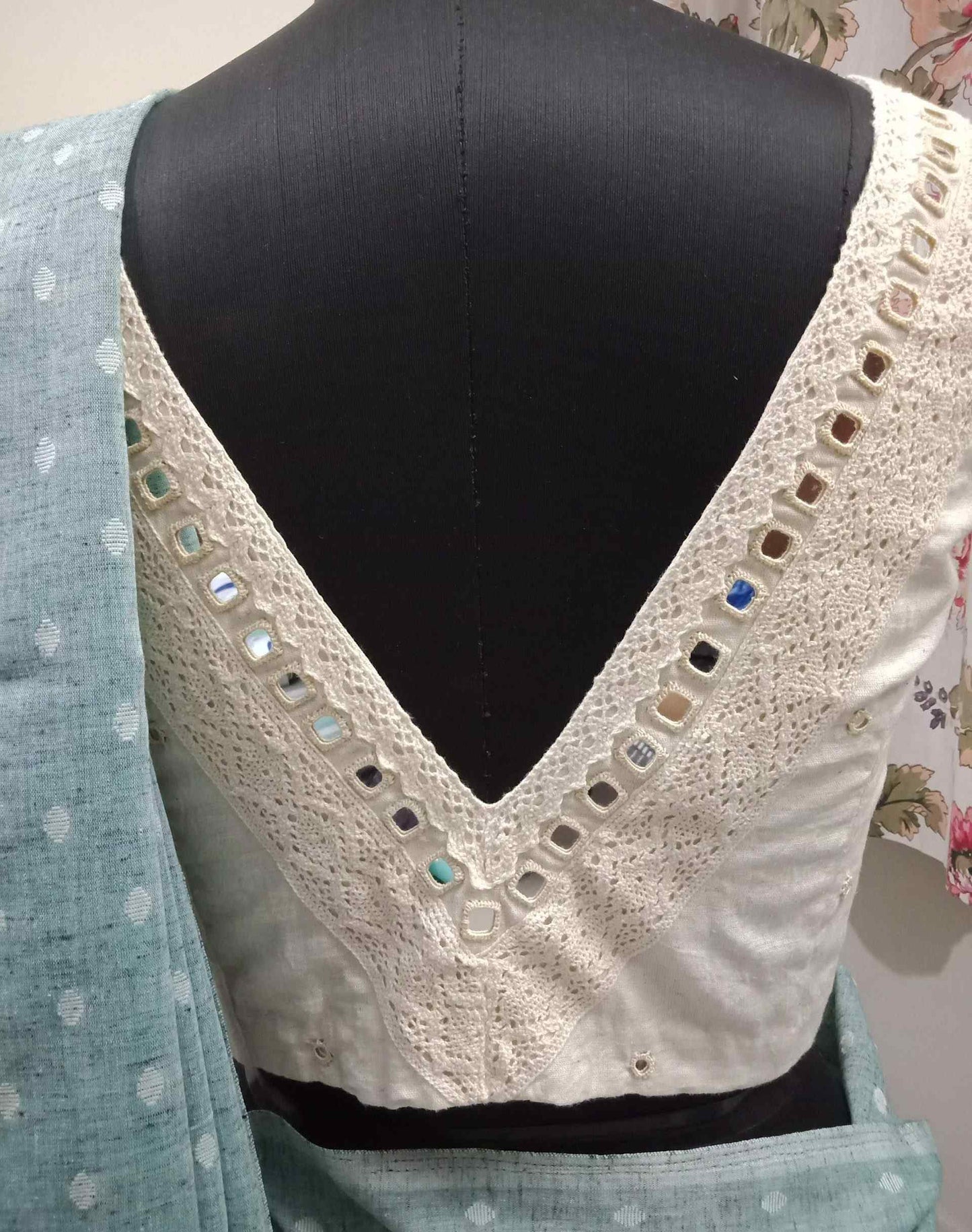 Ivory V-Neck Blouse with Mirror Work