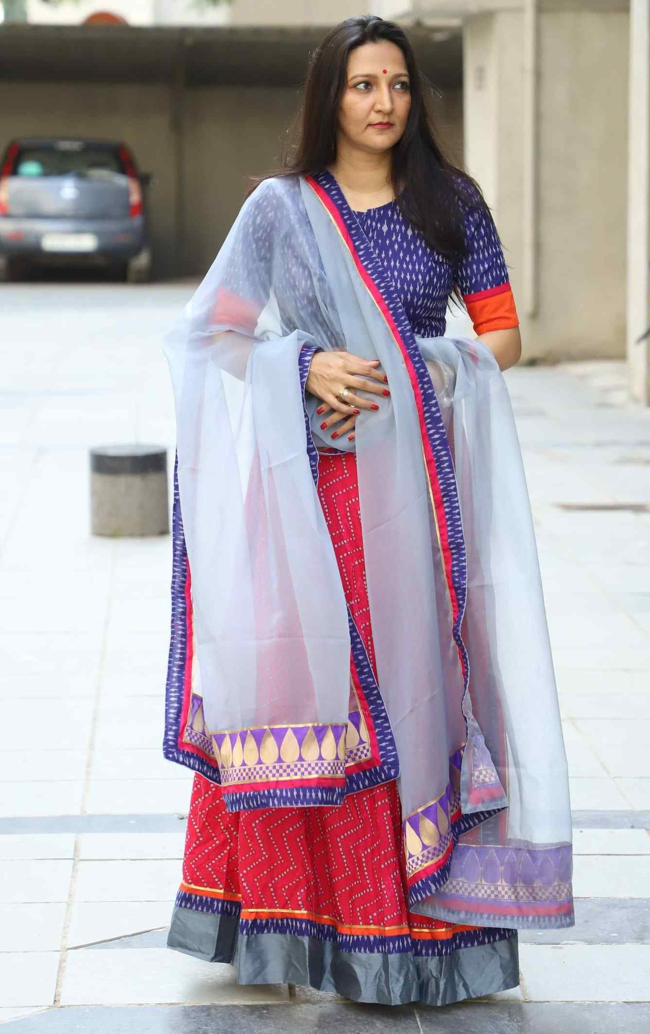 Lehenga Choli- Rani Grey with Purple Ikat Blouse