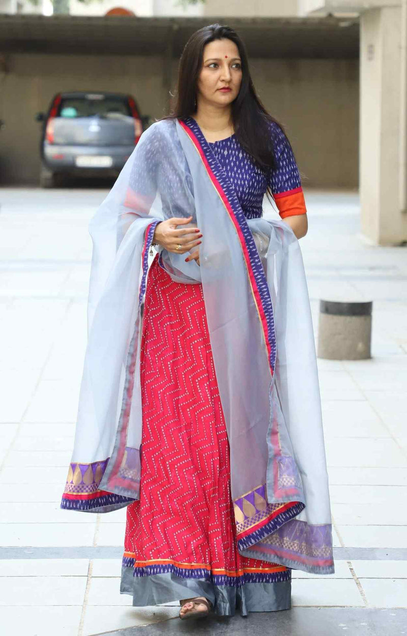 Buy Lehenga Choli- Rani Grey with Purple Ikat Blouse | Godhuli