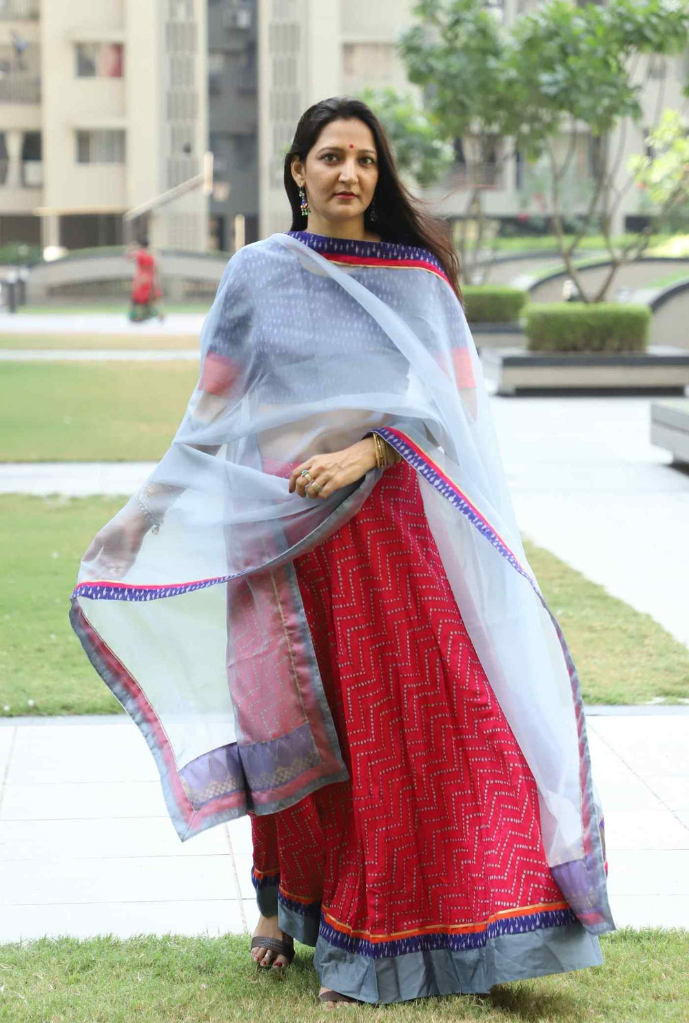 Buy Lehenga Choli- Rani Grey with Purple Ikat Blouse | Godhuli