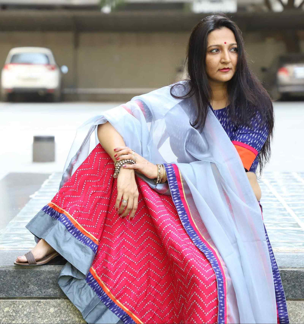 Buy Lehenga Choli- Rani Grey with Purple Ikat Blouse | Godhuli