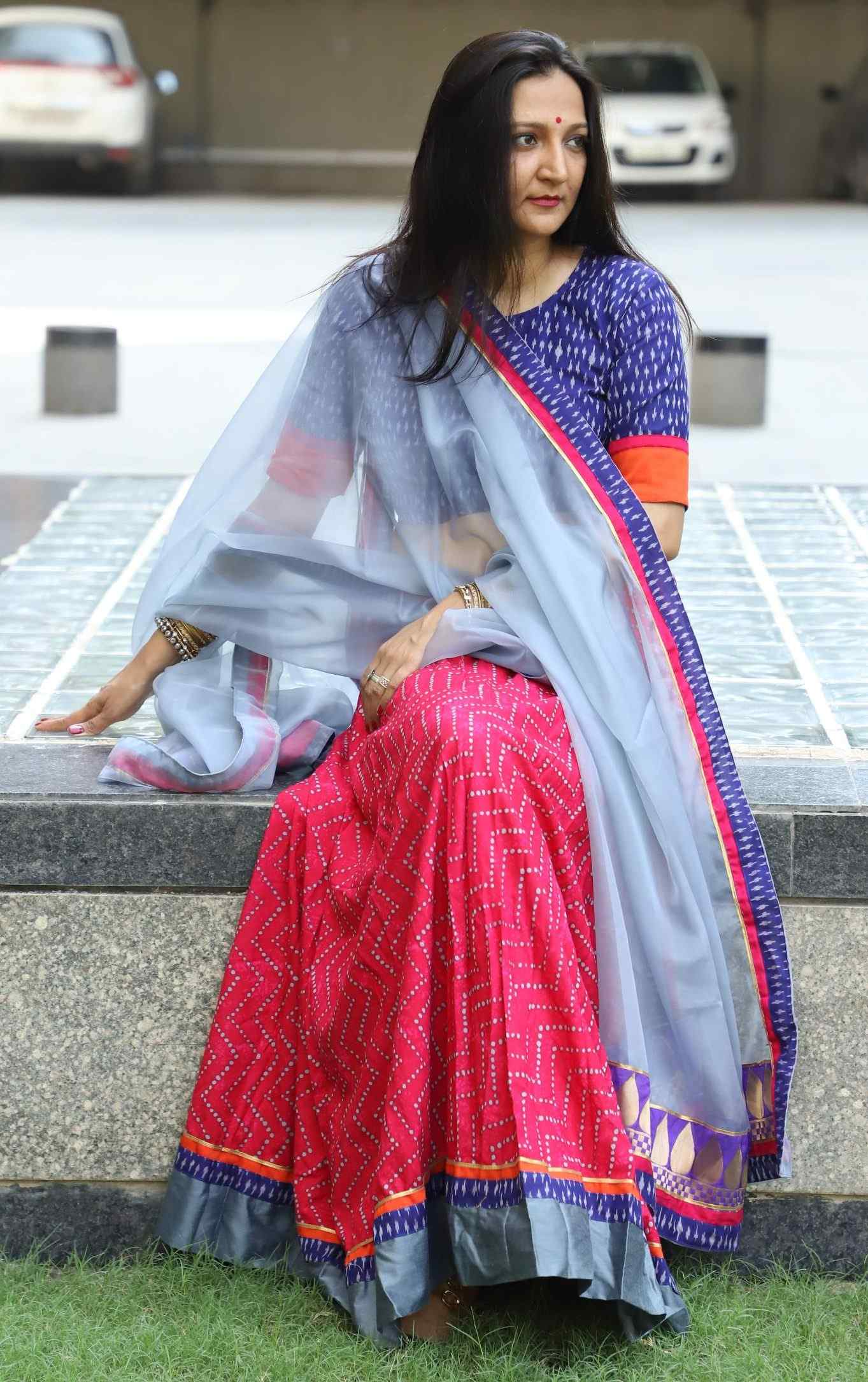 Lehenga Choli- Rani Grey with Purple Ikat Blouse