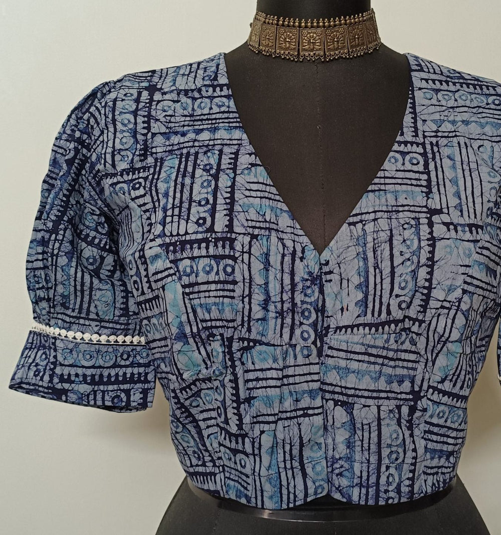 Light Blue Batik Print Readymade Blouse | Godhuli