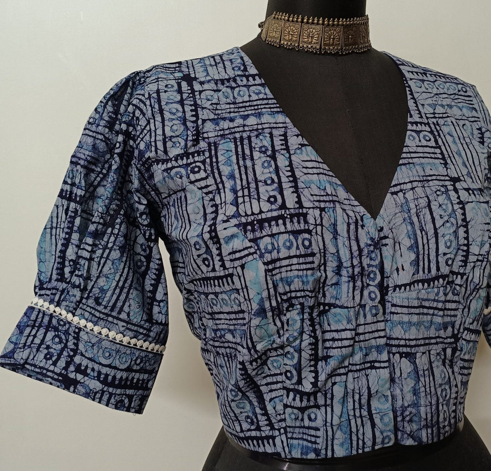 Light Blue Batik Print Readymade Blouse | Godhuli