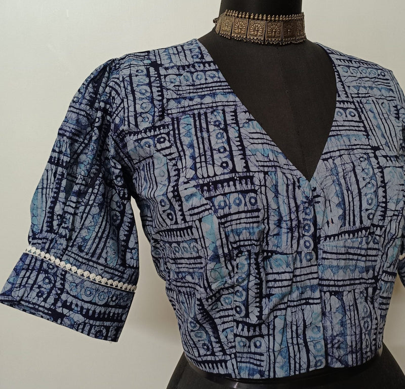 Light Blue Batik Print Readymade Blouse | Godhuli