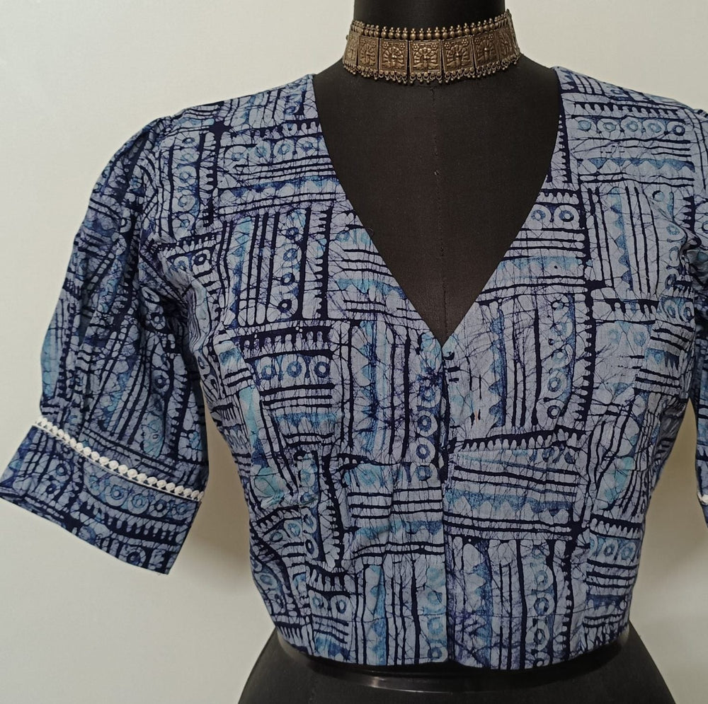Light Blue Batik Print Readymade Blouse | Godhuli