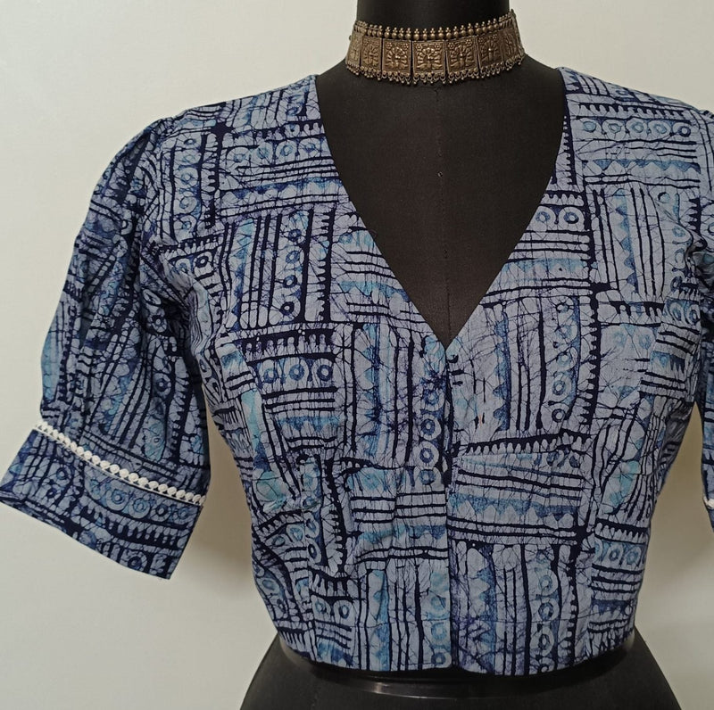 Light Blue Batik Print Readymade Blouse | Godhuli