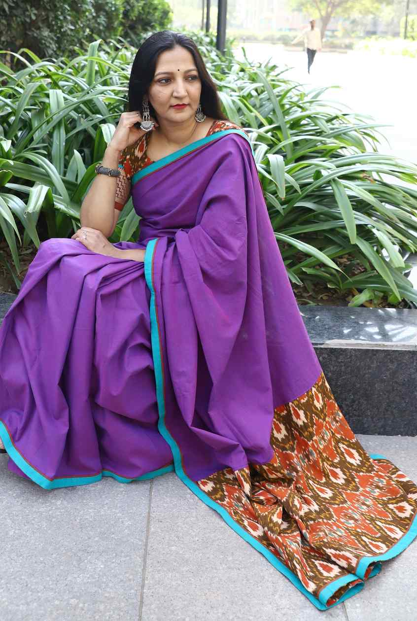Magenta Purple Saree with Ikat Pallu