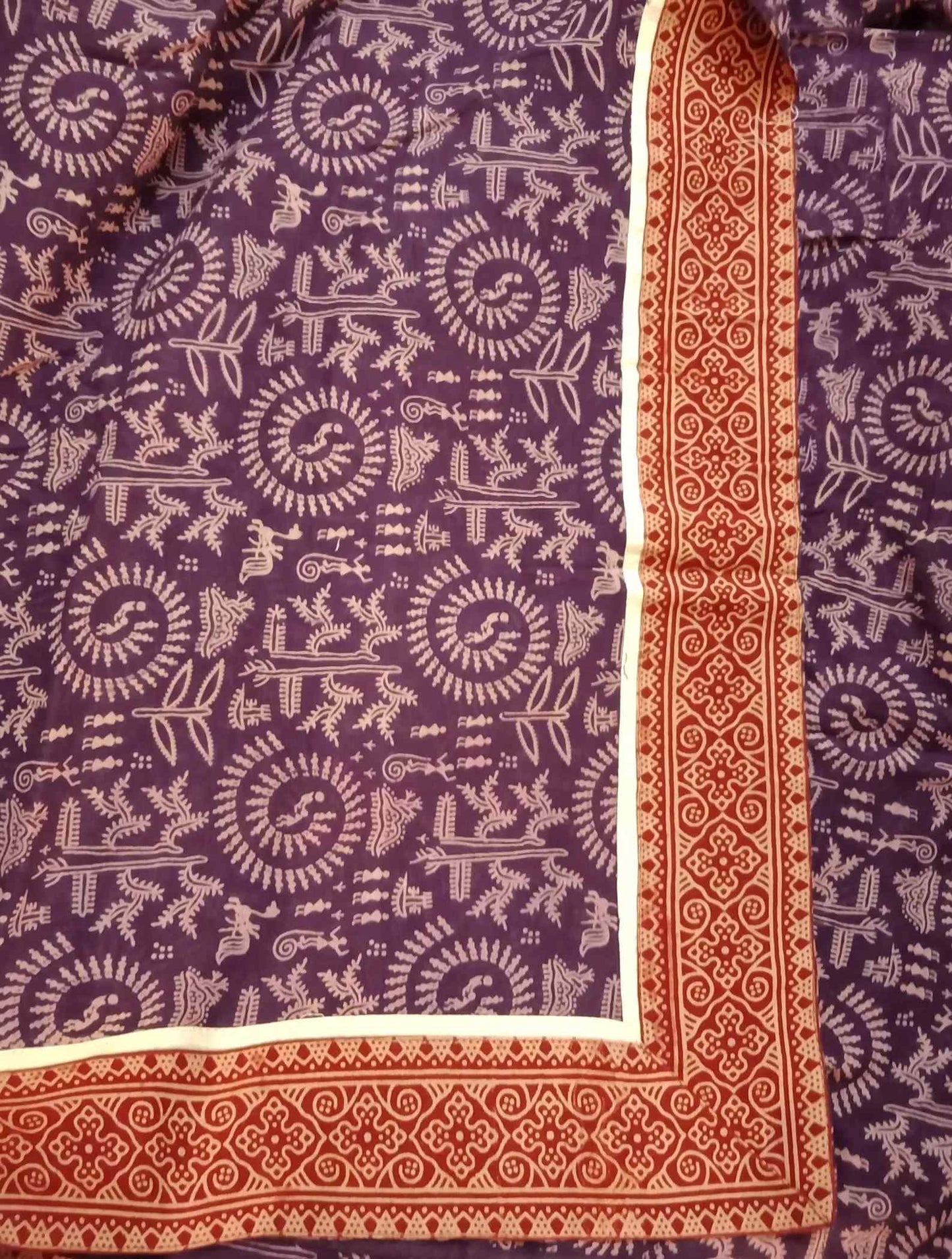 Magenta Warli Hand Block Print Mulmul Saree