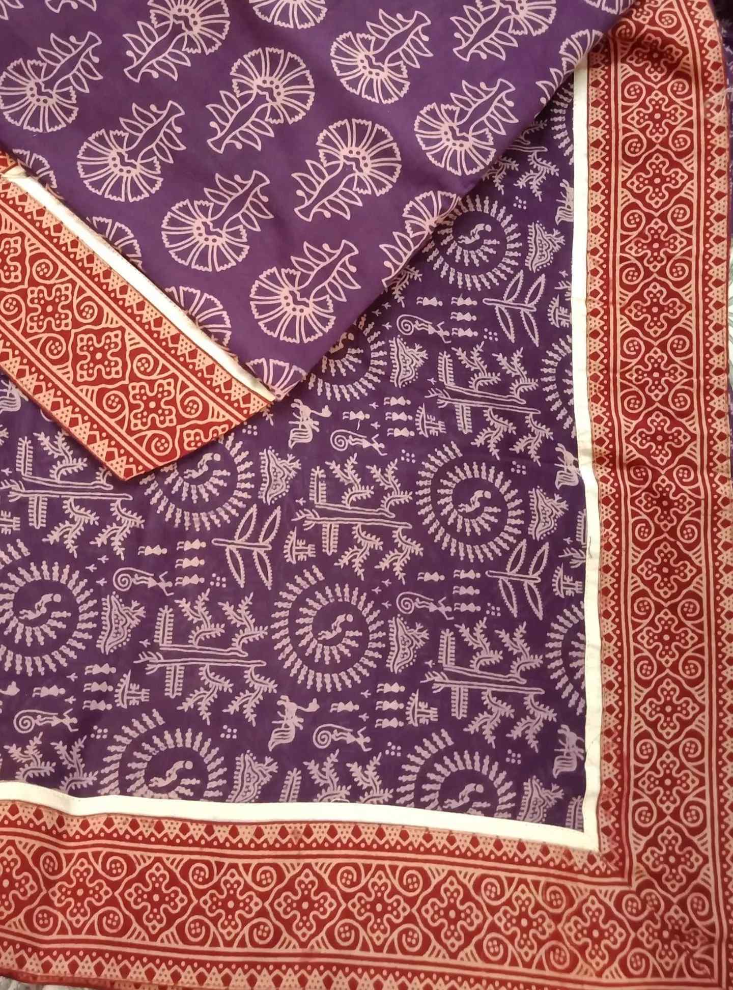 Magenta Warli Hand Block Print Mulmul Saree