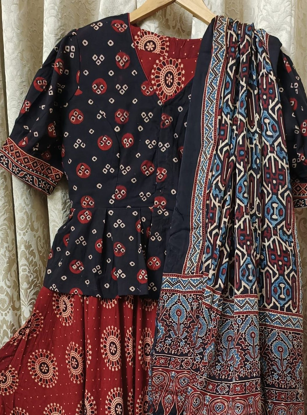 Buy Maroon Ajrakh Lehenga Choli Set | Godhuli