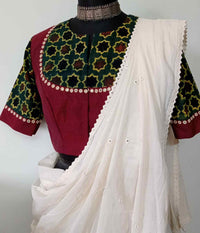 Marron Green Mughal Print Ajrakh Mirrorwork Readymade Blouse | Godhuli