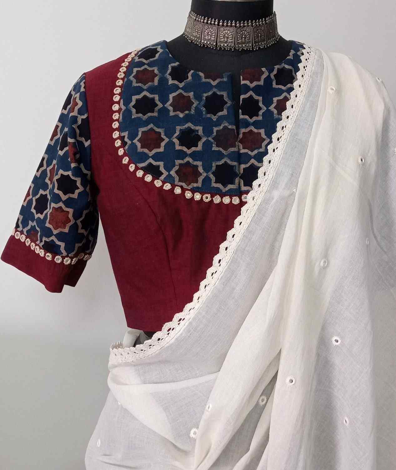 Marron Indigo Mughal Print Ajrakh Mirrorwork Blouse