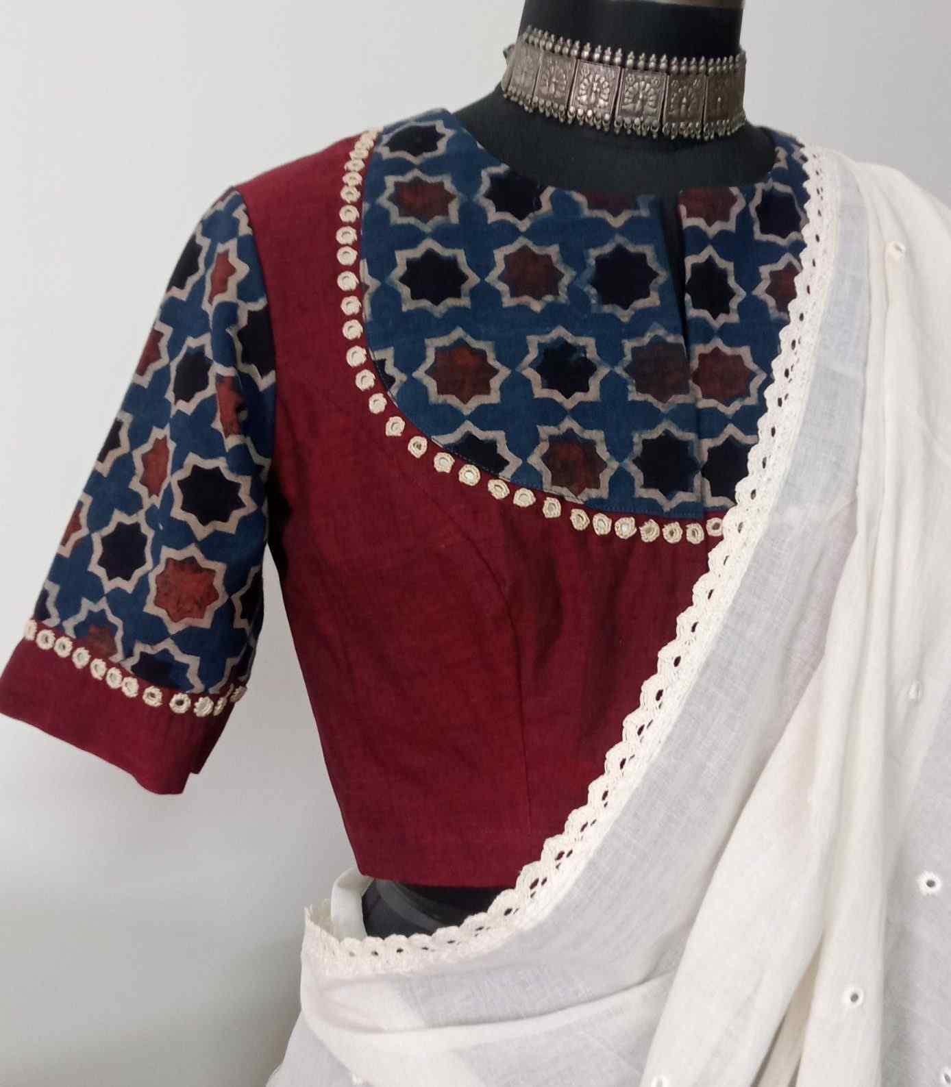 Marron Indigo Mughal Print Ajrakh Mirrorwork Blouse