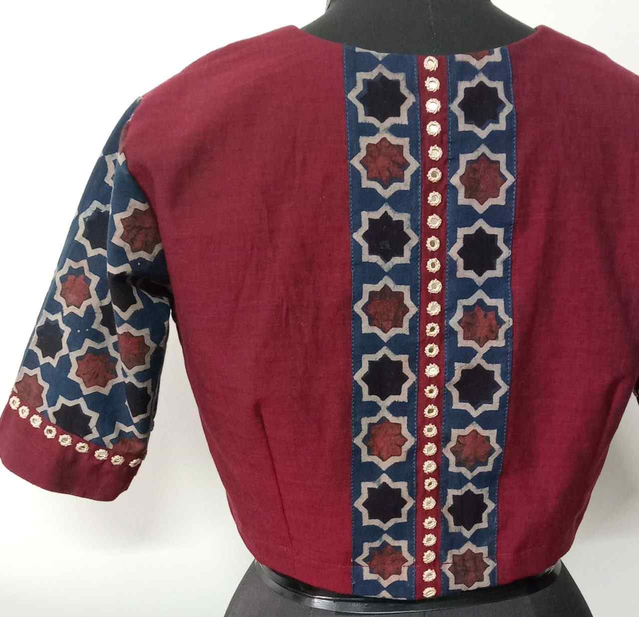 Marron Indigo Mughal Print Ajrakh Mirrorwork Blouse