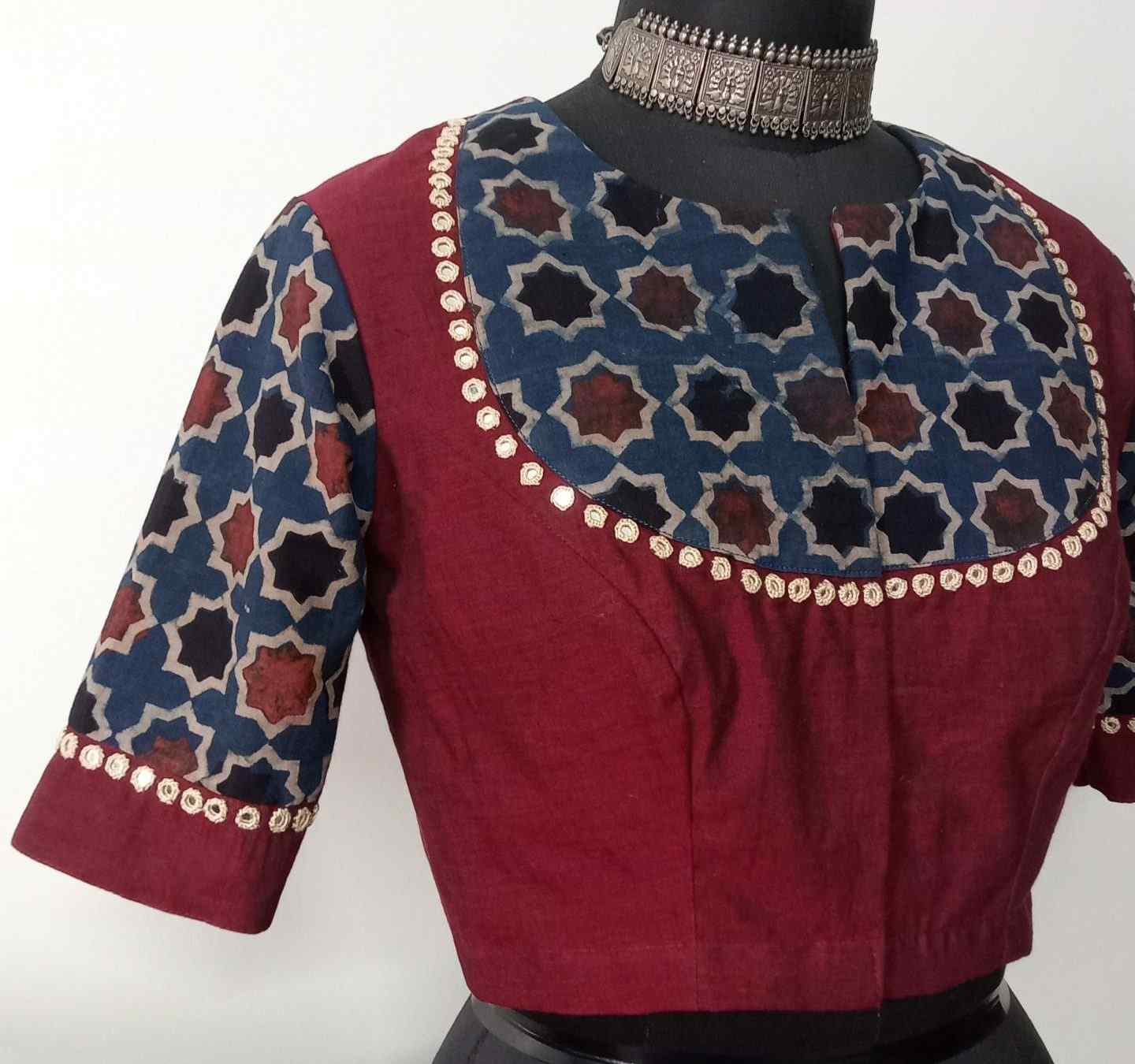 Marron Indigo Mughal Print Ajrakh Mirrorwork Blouse