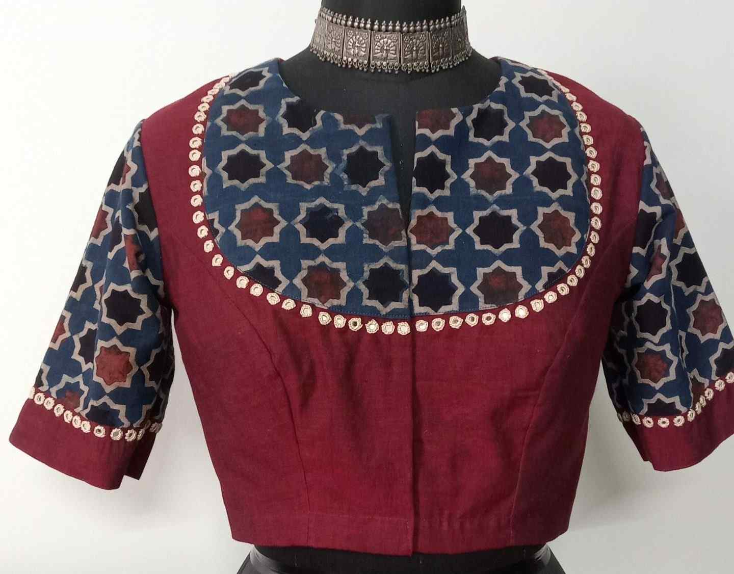 Marron Indigo Mughal Print Ajrakh Mirrorwork Blouse