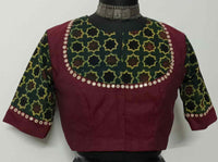 Marron Green Mughal Print Ajrakh Mirrorwork Readymade Blouse | Godhuli