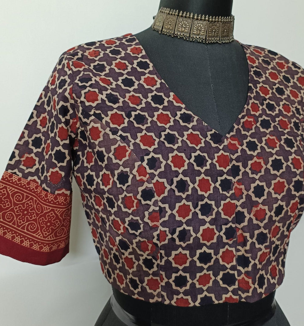 Mauve Maroon Mughal Print Ajrakh Readymade Blouse | Godhuli