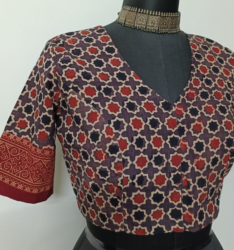 Mauve Maroon Mughal Print Ajrakh Readymade Blouse | Godhuli