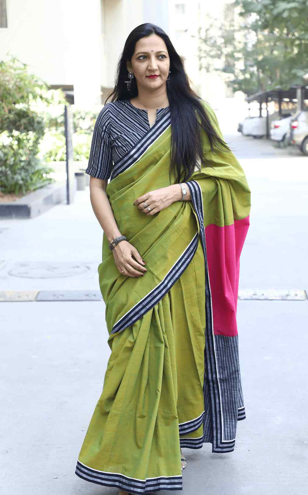 Mehendi Green Mangalgiri Saree with Stripes Border