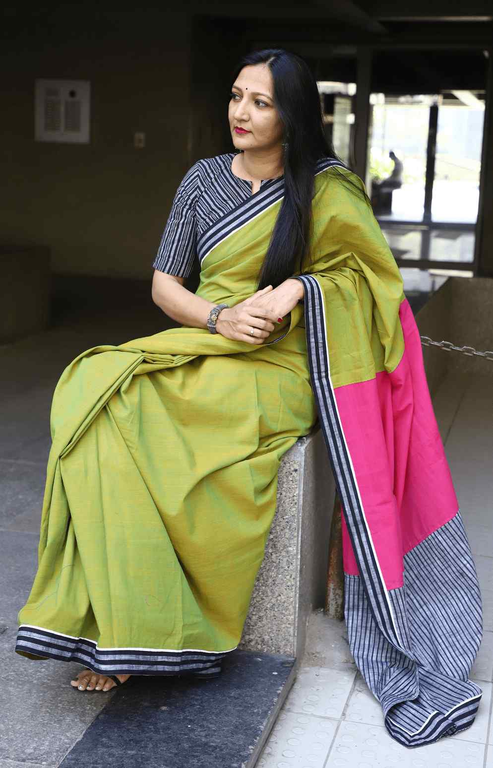 Mehendi Green Mangalgiri Saree with Stripes Border